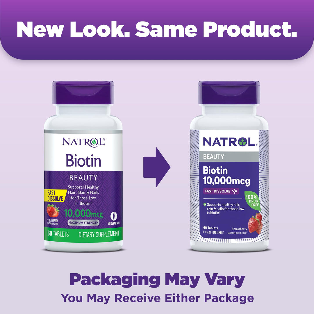 Natrol Biotin 10,000 mcg, Natural Strawberry Flavor, 60 Count