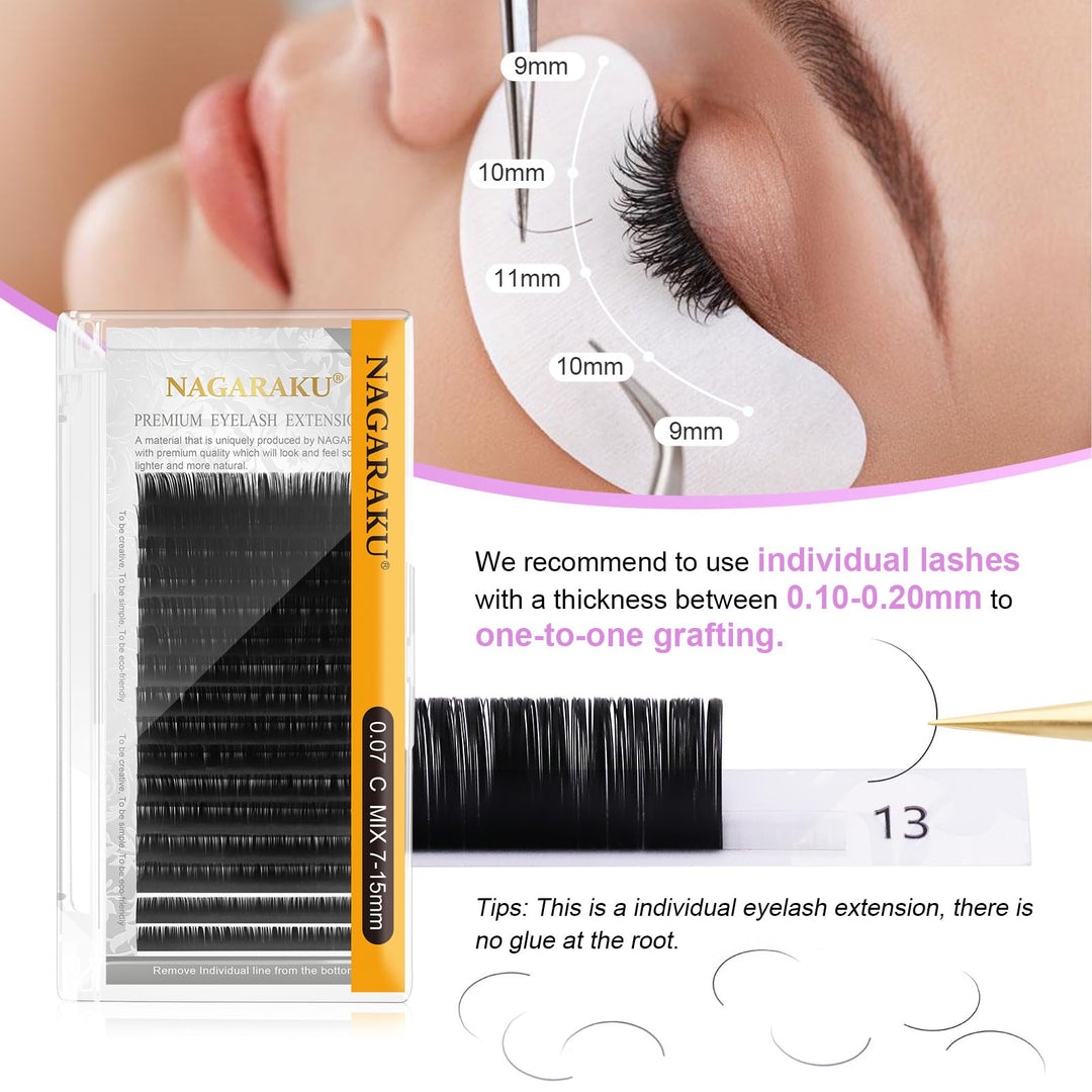 NAGARAKU Eyelash Extensions, 0.05mm J Curl, 7-15mm Mix Tray