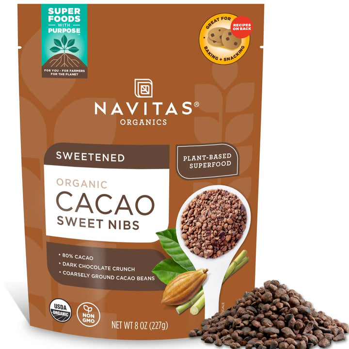 Navitas Organics Cacao Nibs, Sweetened Dark Chocolate, 8 oz