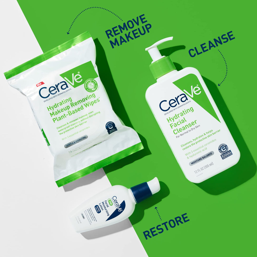 CeraVe Hydrating Facial Cleansing Wipes, Fragrance-Free, 25 Count