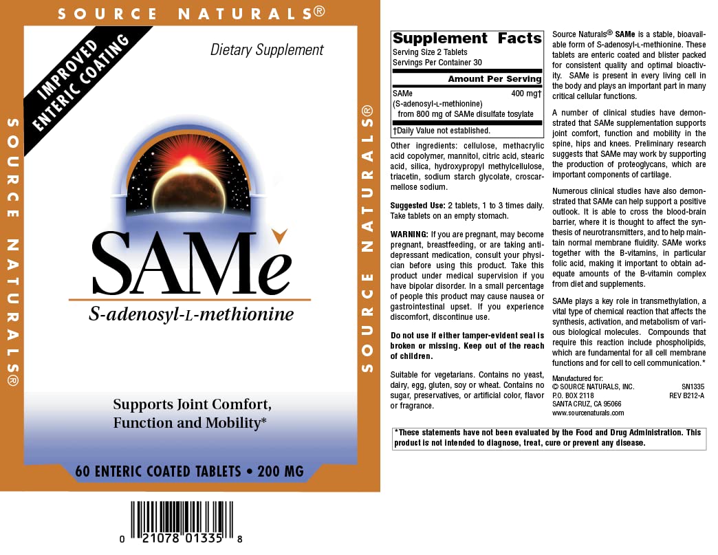 Source Naturals SAM-e Enteric Coated, 200 mg, 60 Count