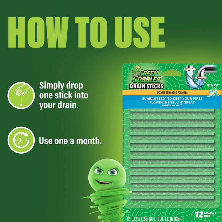 Green Gobbler Bio-Flow Strips Drain Cleaner and Deodorizer, 12 Count