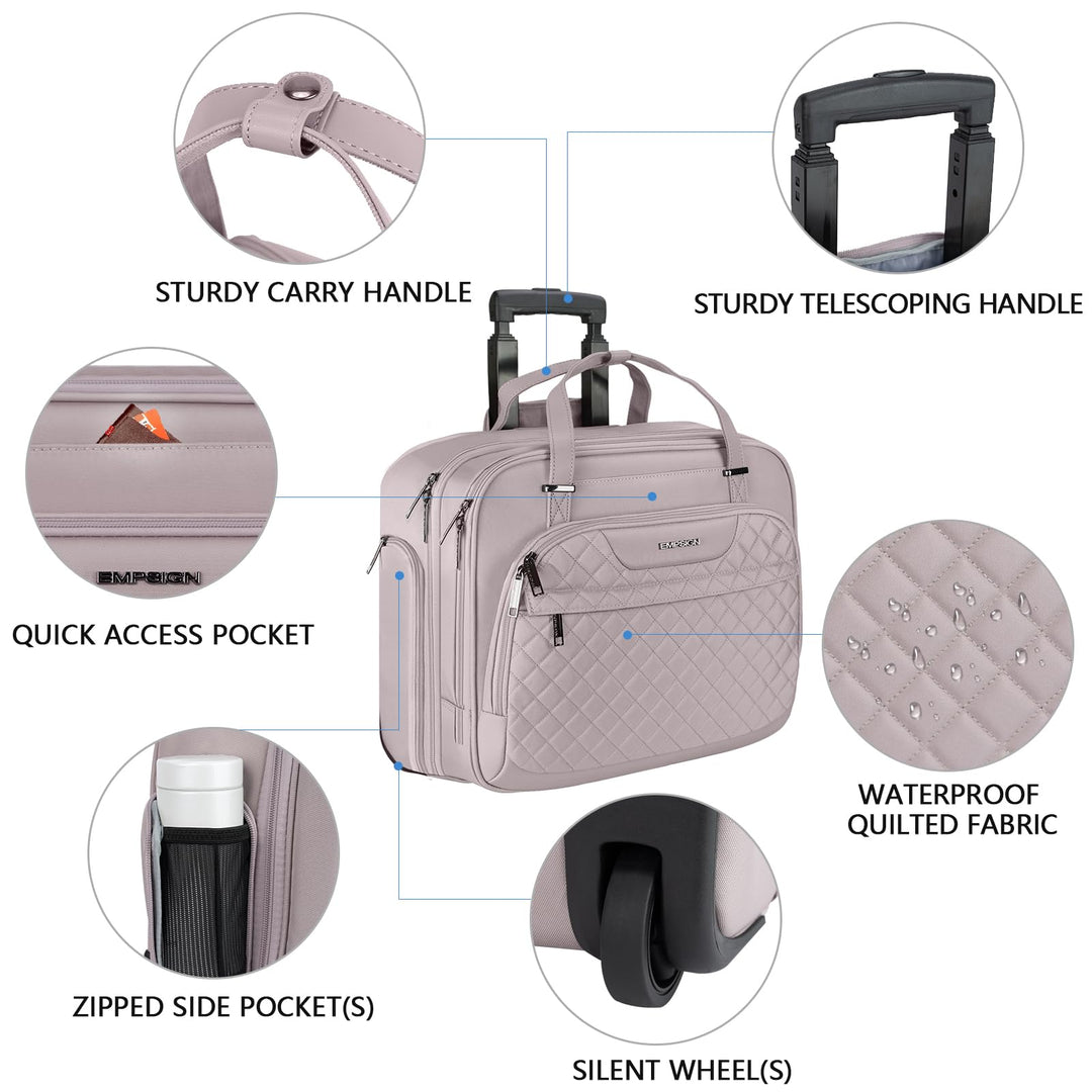 EMPSIGN Rolling Laptop Bag, Dusty Pink, 15.6 in