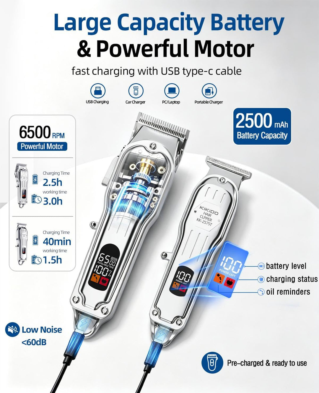 Kikido Hair Clippers, Cordless, Silver