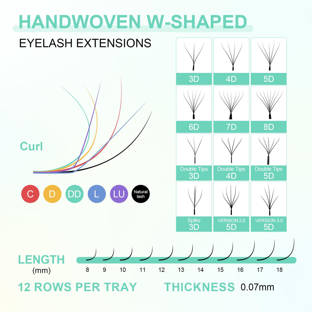 NAGARAKU 3D Lash W Premade Fans Volume Lash Extension, 0.07mm D Curl, 8-15mm Mix