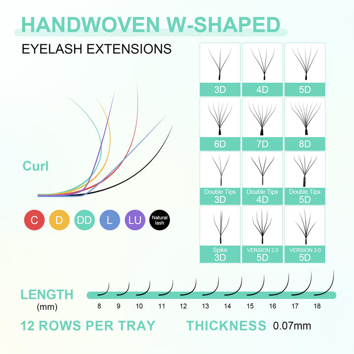 NAGARAKU 3D Lash W Premade Fans Volume Lash Extension, 0.07mm D Curl, 8-15mm Mix
