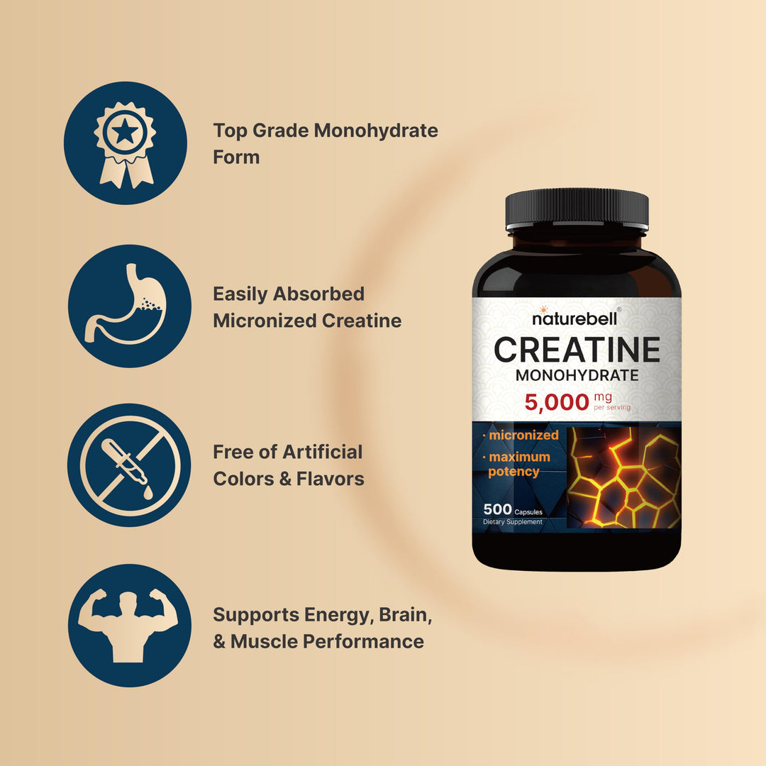 NatureBell Creatine Monohydrate Capsules, Unflavored, 500 Count