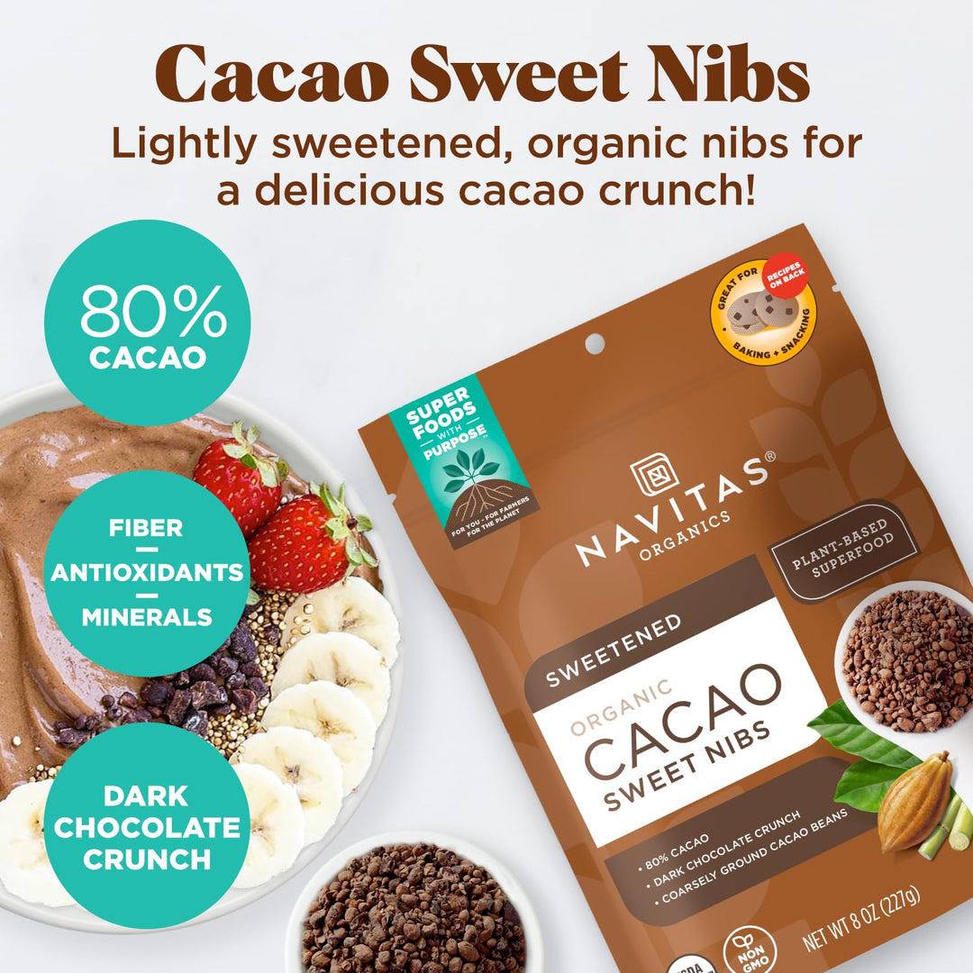 Navitas Organics Cacao Nibs, Sweetened Dark Chocolate, 8 oz