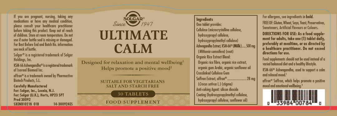 Solgar Ultimate Calm Tablets, Gold Formula, 30 Count