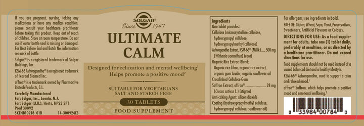 Solgar Ultimate Calm Tablets, Gold Formula, 30 Count