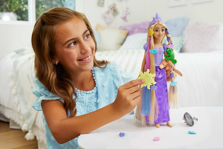 Mattel Disney Princess Rapunzel Fashion Doll, 2 Color-Change Hair Extensions & 10 Hairstyling Pieces