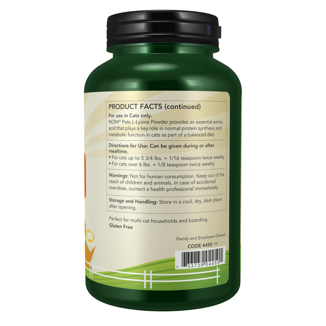 NOW Pet Health L-Lysine Supplement Powder, for Cats, 8 oz