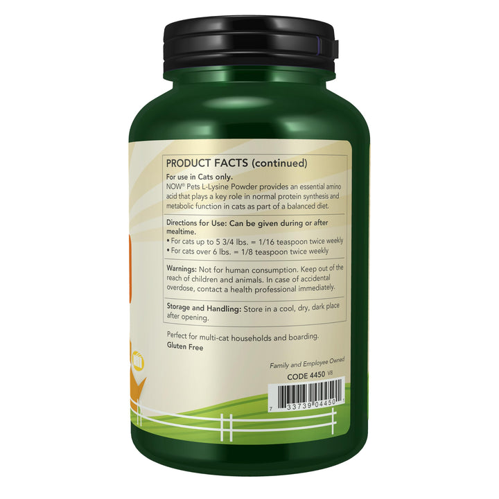 NOW Pet Health L-Lysine Supplement Powder, for Cats, 8 oz