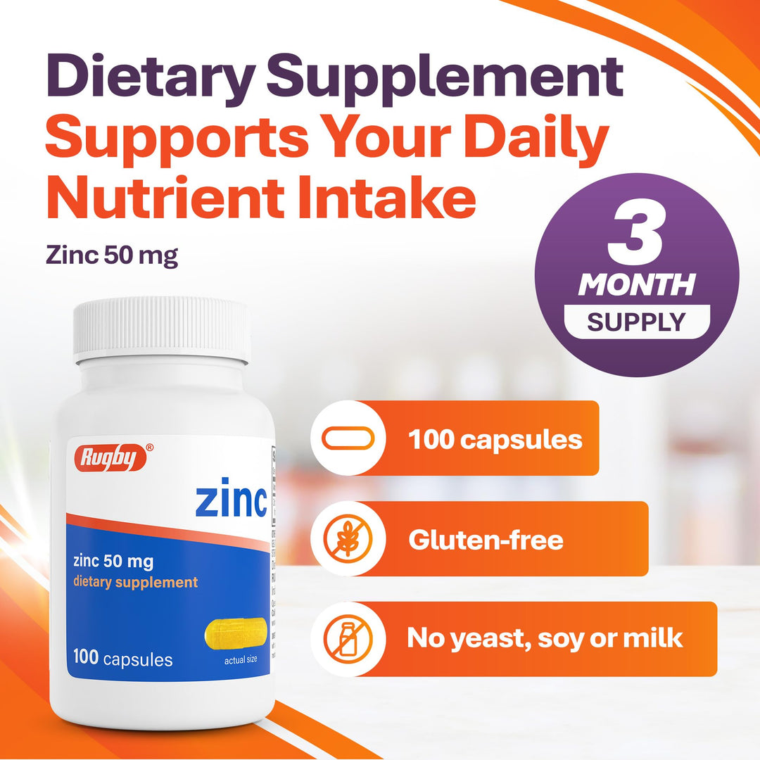 RUGBY LABORATORIES Zinc Capsules, 50 mg, 100 Count