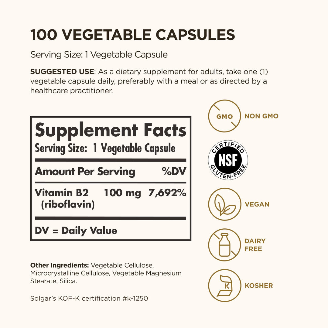 Solgar Vitamin B2 Riboflavin, 100 mg, 100 Count