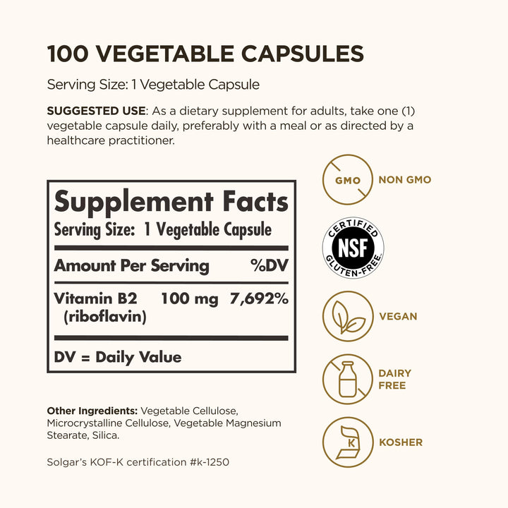 Solgar Vitamin B2 Riboflavin, 100 mg, 100 Count