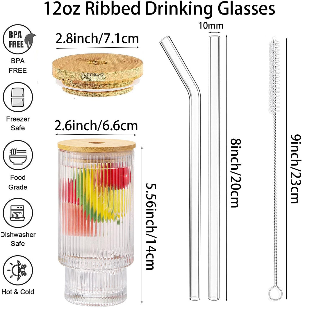 ASANMEYO Ribbed Drinking Glasses, 12 oz, 4 Count
