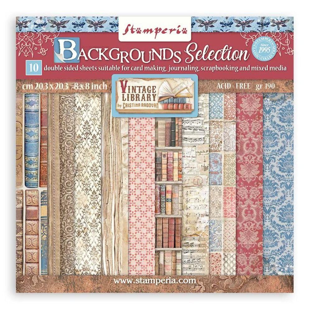 Stamperia Mini Scrapbooking Pad, Backgrounds Vintage Library, Multicoloured, 8 x 8 inches