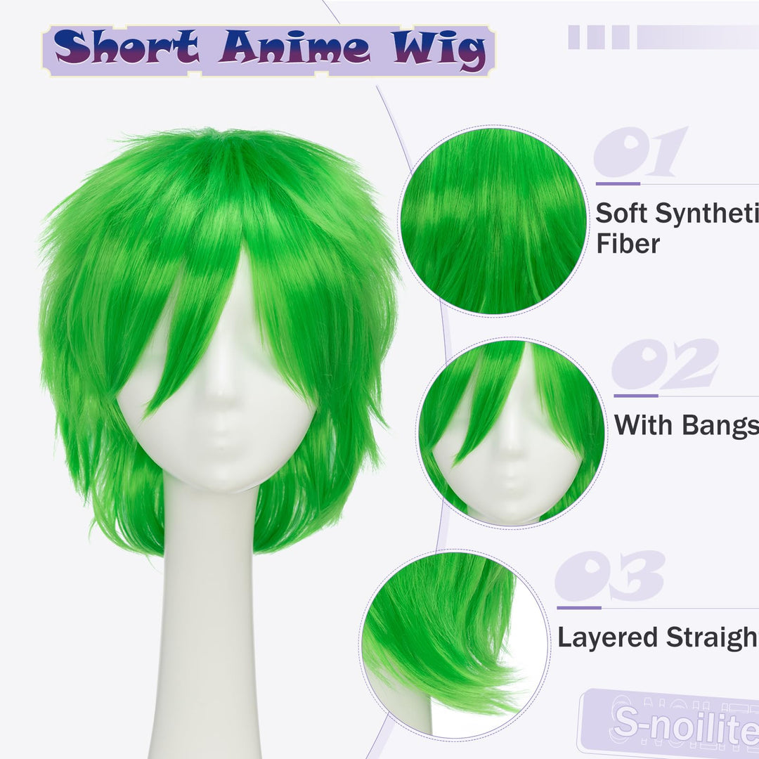 S-noilite Cosplay Wig, Short Straight Fluffy Spiky, Green