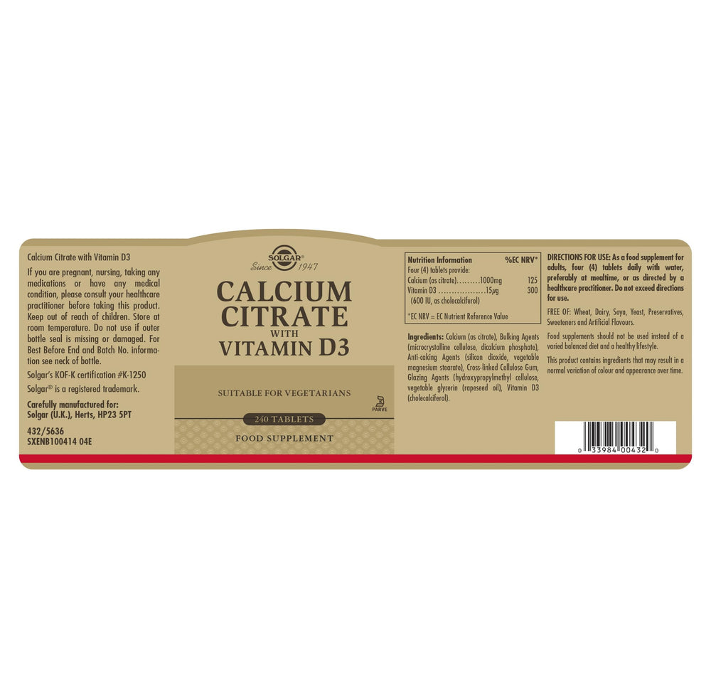 Solgar Calcium Citrate with Vitamin D3, 240 Count