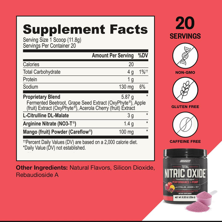 ONNIT Total Nitric Oxide Pre Workout Powder, Harvest Fruit, 20 Servings