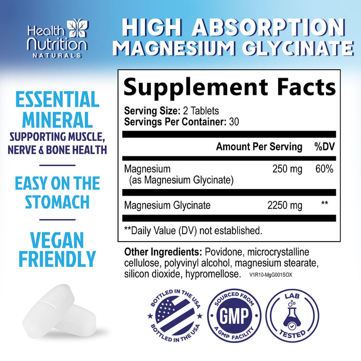 Health Nutrition Naturals Magnesium Glycinate, 250 mg, 60 Count