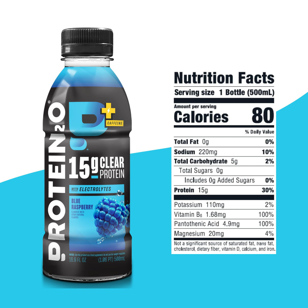 Protein2o Whey Protein Infused Water Plus Energy, Blueberry Raspberry, 16.9 fl oz, Pack of 12