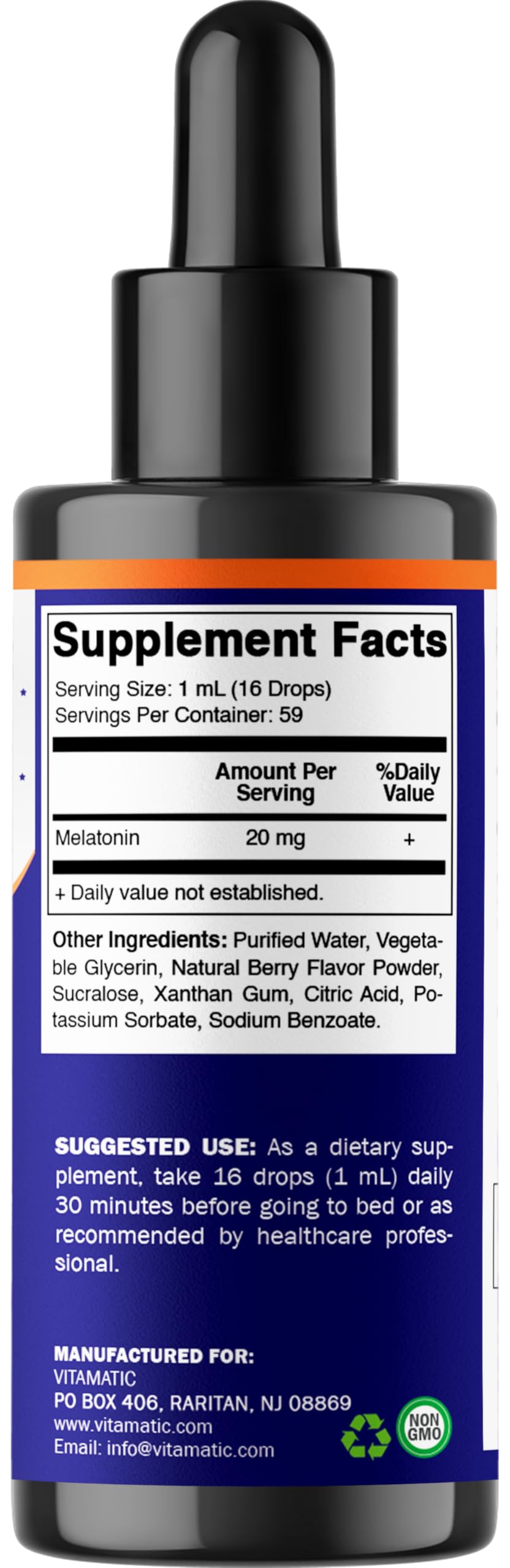 Vitamatic Melatonin 20 mg Liquid Drops, Natural Berry Flavor, 2 fl oz, Pack of 2