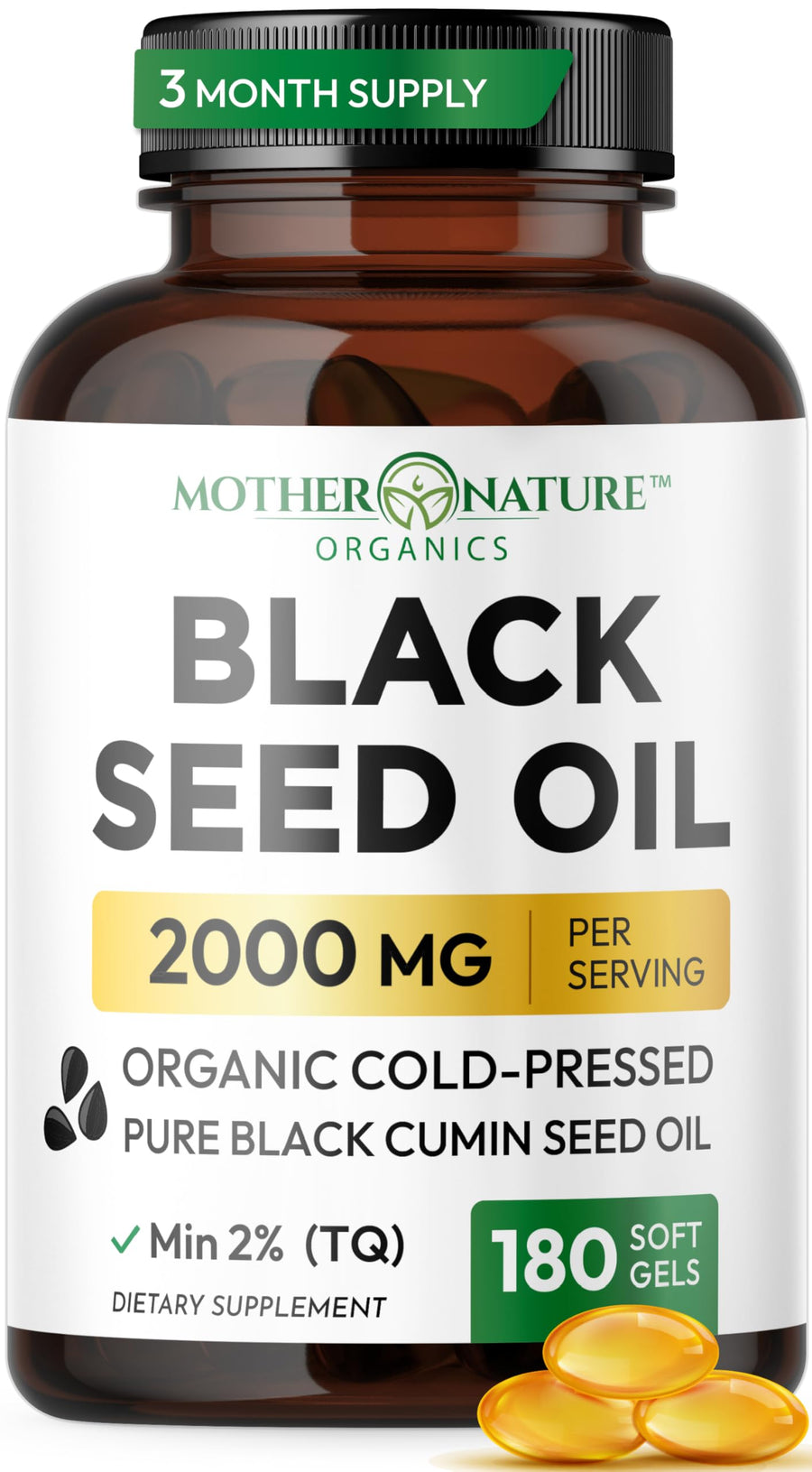 Mother Nature Organics Superfoods for Organic Living Black Seed Oil Capsules, 2000 mg, 180 Count