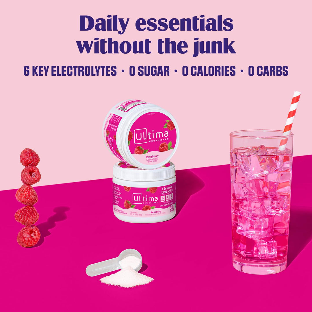 Ultima Replenisher Electrolyte Hydration Powder, Raspberry, 30 Count