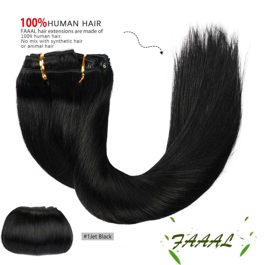 FAAAL Clip In Human Hair Extensions, Jet Black, 18 Inch 150g 7 Count