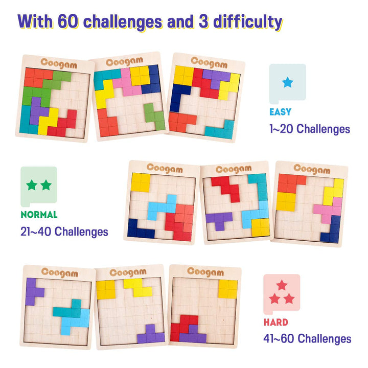 Coogam Wooden Puzzle Pattern Blocks, 60 Count
