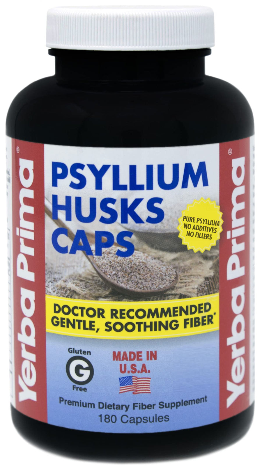 Yerba Prima Psyllium Husks Caps Dietary Fiber, 625 mg, 180 Count