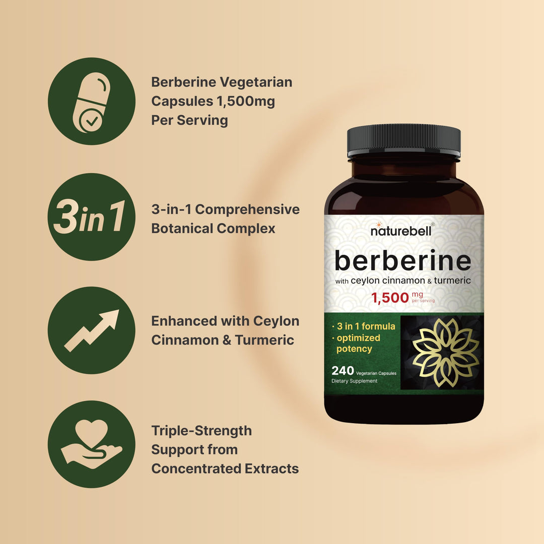 NatureBell Berberine Supplement with Ceylon Cinnamon and Turmeric Root, 1500 mg, 240 Count