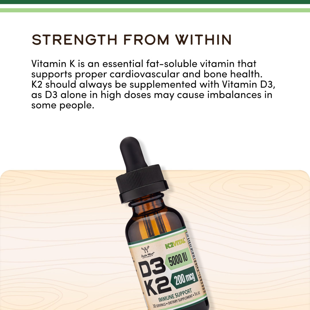 Double Wood Supplements Vitamin D3 + K2 Drops, 5000 IU + 200 mcg, 30 Count