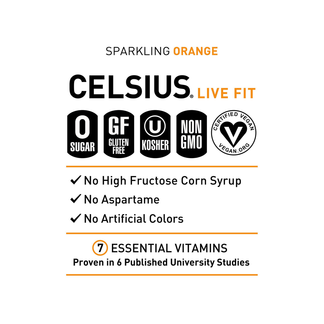 CELSIUS Sparkling Orange Energy Drink, Sugar Free, 12 fl oz, Pack of 12