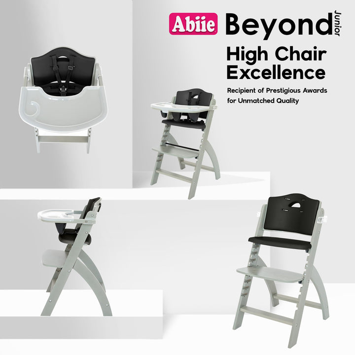 Abiie Beyond Junior Wooden High Chair, Misty Grey Wood/Black Pearl Cushion