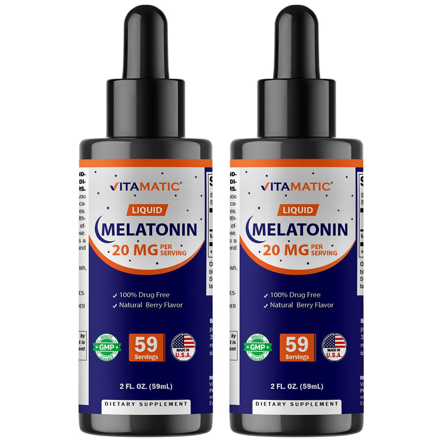 Vitamatic Melatonin 20 mg Liquid Drops, Natural Berry Flavor, 2 fl oz, Pack of 2