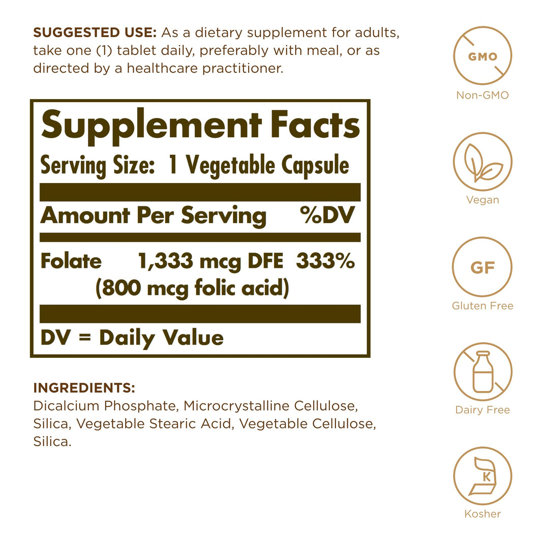 Solgar Folic Acid Tablets, 800 mcg, 250 Count