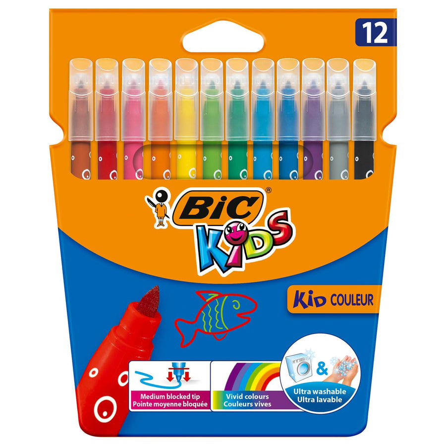 BIC Kids Kid Couleur Felt Tip Colouring Pens, Assorted Colours, 12 Count