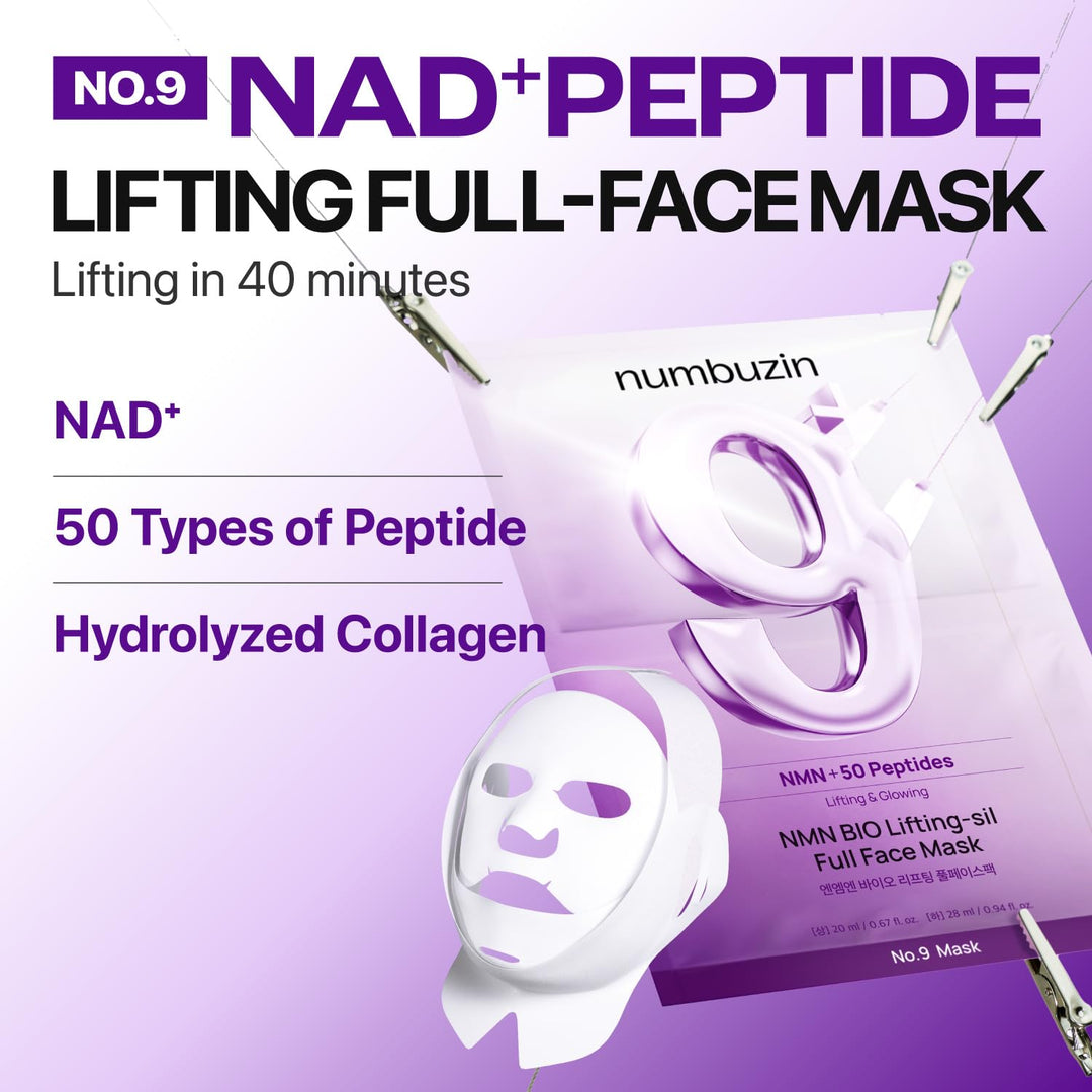 numbuzin No.9 NAD+ Bio Lifting Full Face Mask, 4 Count, with Lifting Band