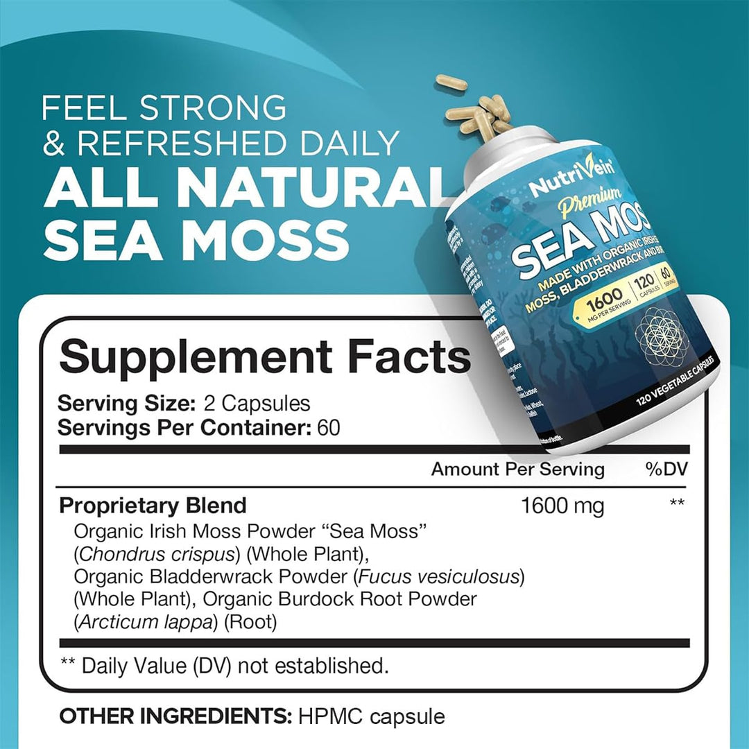 Nutrivein Organic Irish Sea Moss Capsules, 1600 mg, 120 Count