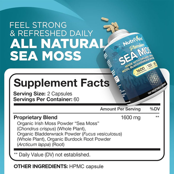 Nutrivein Organic Irish Sea Moss Capsules, 1600 mg, 120 Count