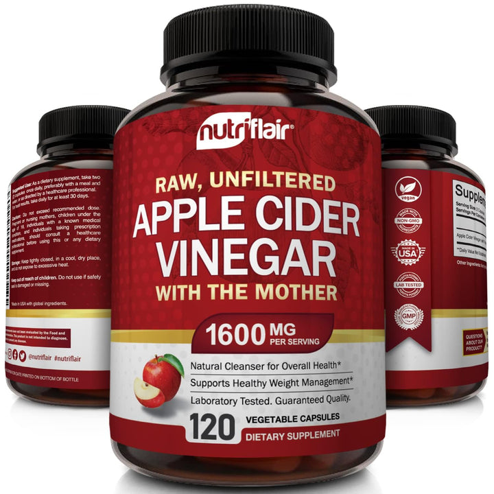 NutriFlair Apple Cider Vinegar Capsules With Mother, 1600 mg, 120 Count