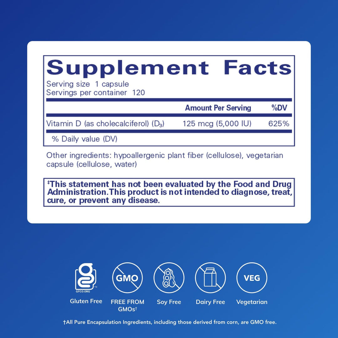 Pure Encapsulations Vitamin D3, 125 mcg (5,000 IU), 120 Count