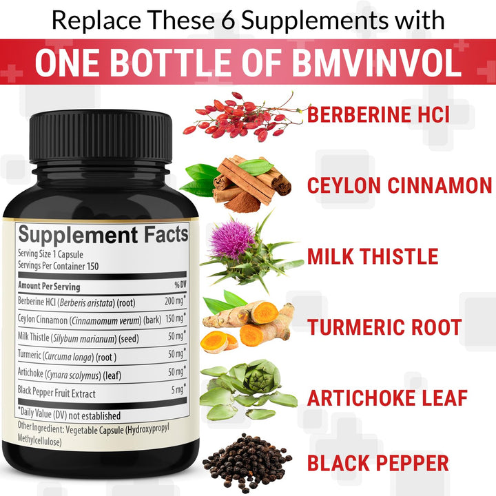 BMVINVOL Berberine Supplement With Ceylon Cinnamon, Turmeric, Milk Thistle, Artichoke And Black Pepper, 150 Count