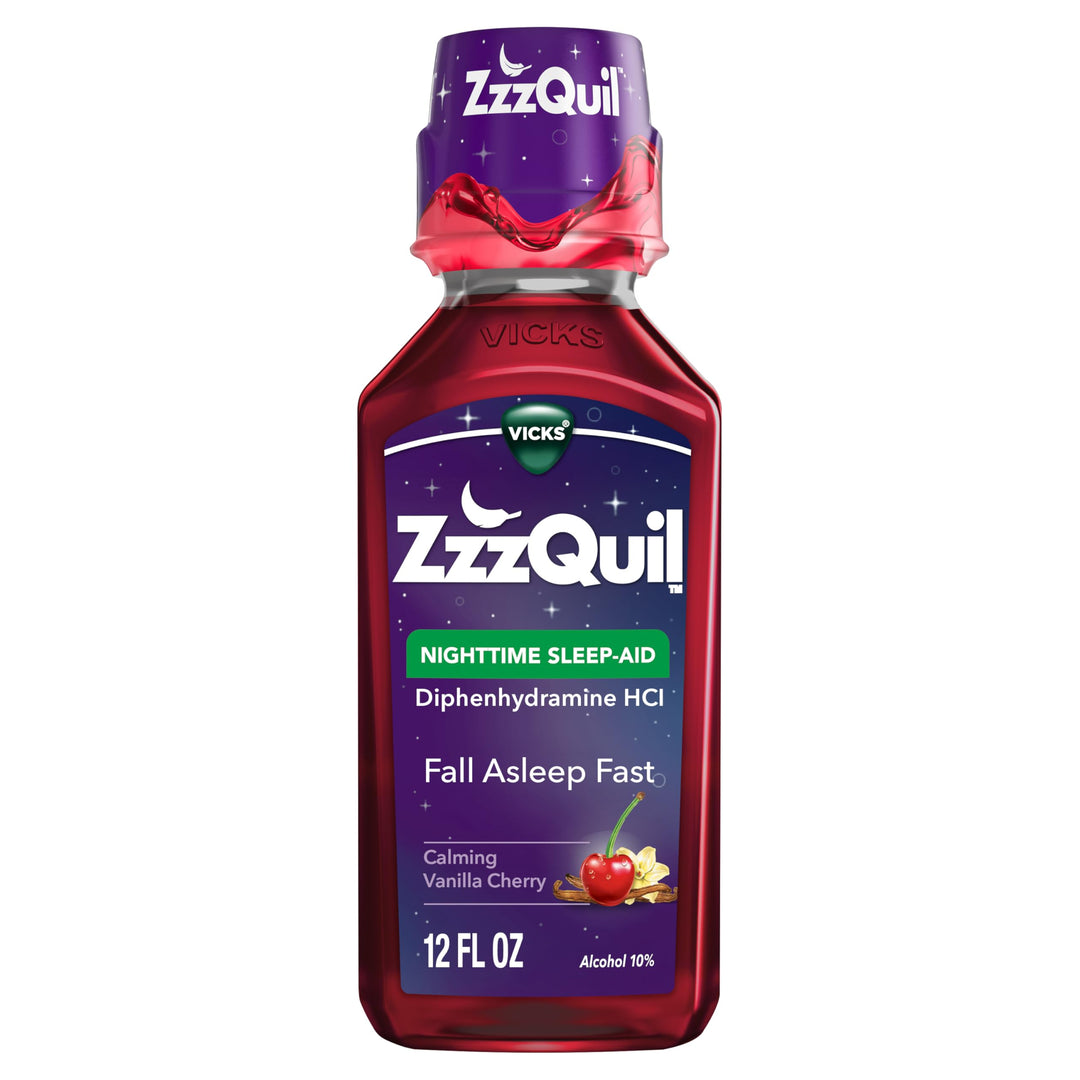 ZzzQuil Nighttime Sleep Aid Liquid, Calming Vanilla Cherry, 50 mg, 12 fl oz