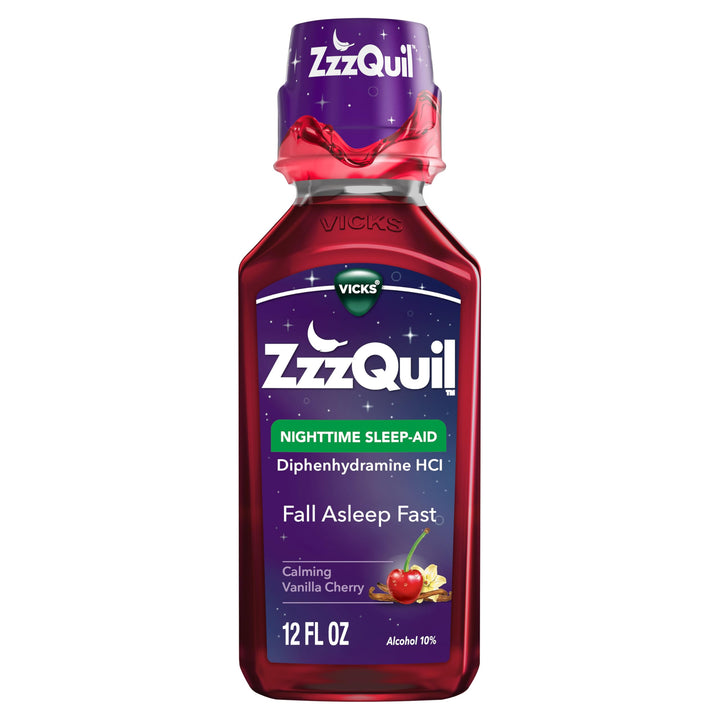 ZzzQuil Nighttime Sleep Aid Liquid, Calming Vanilla Cherry, 50 mg, 12 fl oz