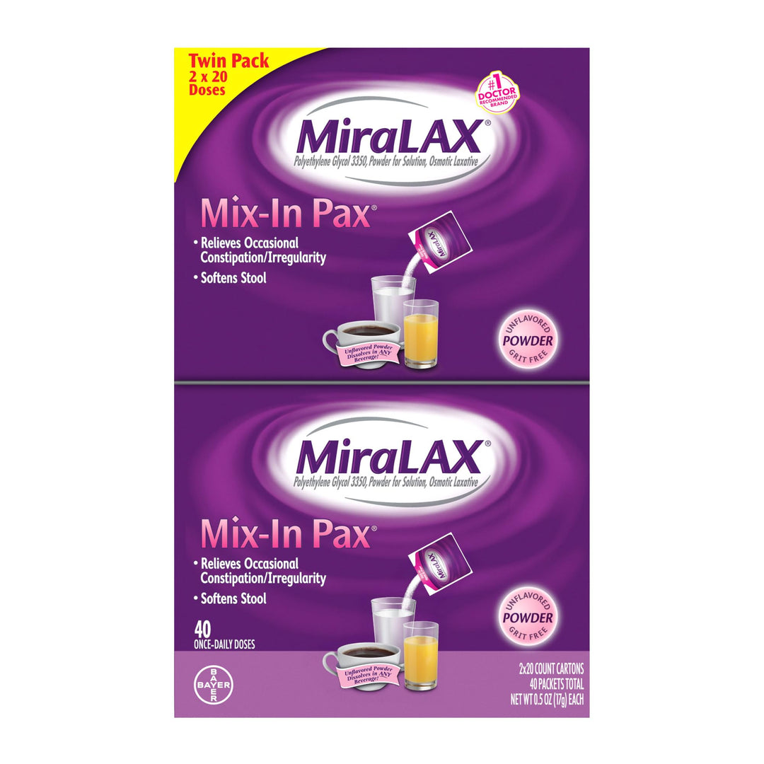 MiraLAX Laxative Powder, Single Dose Packets, 40 Count, Pack of 2