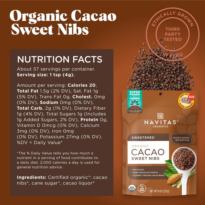 Navitas Organics Cacao Nibs, Sweetened Dark Chocolate, 8 oz